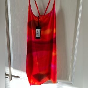 Abstract Multi colored Asymmetric Strap Slinky Dress